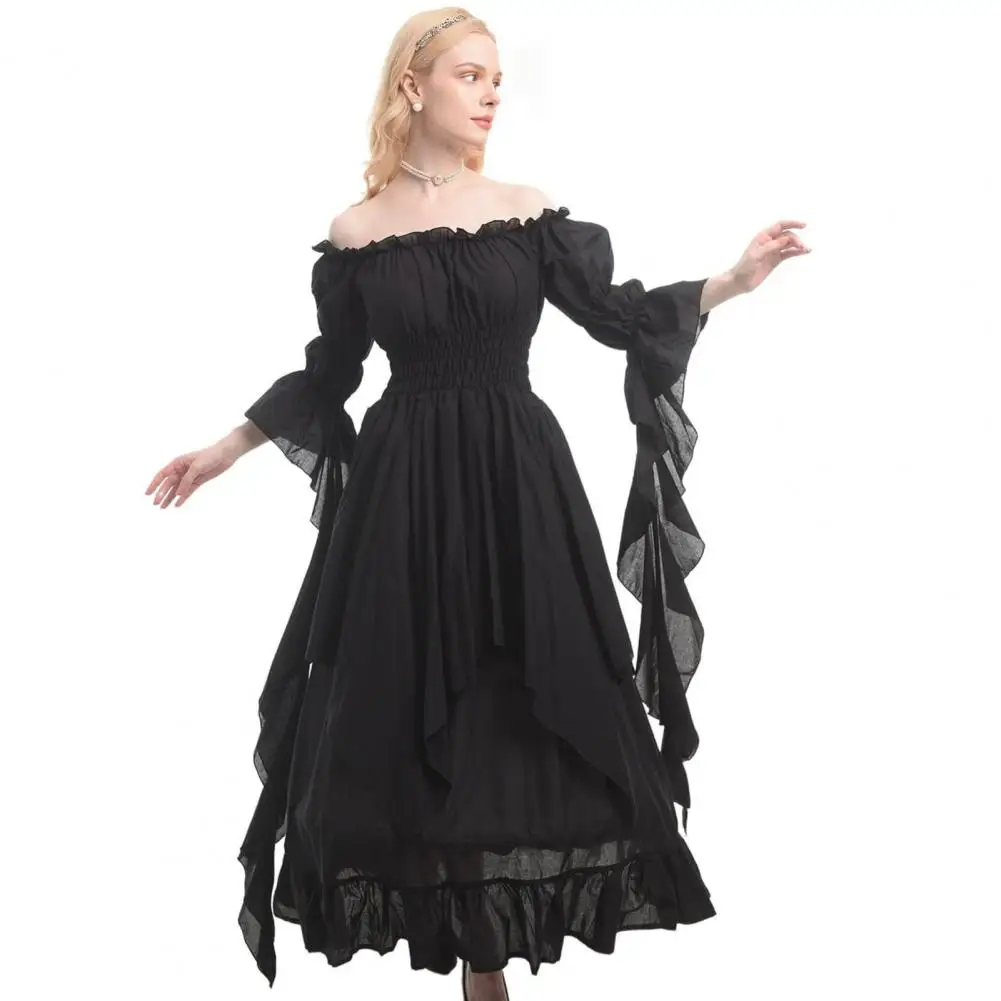 Off Shoulder Gothic Women Ball Gown Long Horn Sleeves Irregular Layered Pleated Solid Color Retro Renaissance Party Maxi Dress