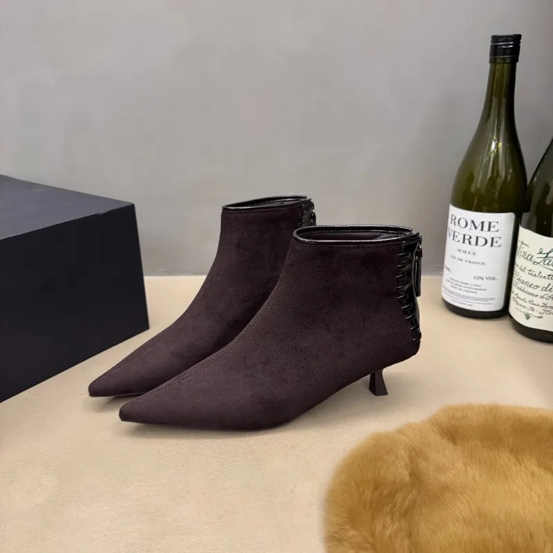 

Женские ботильоны с острым носком, дизайнерская замшевая обувь на высоком каблуке, модные роскошные зимние полусапожки, 2025 элегантные туфли-лодочки Mujer Botas