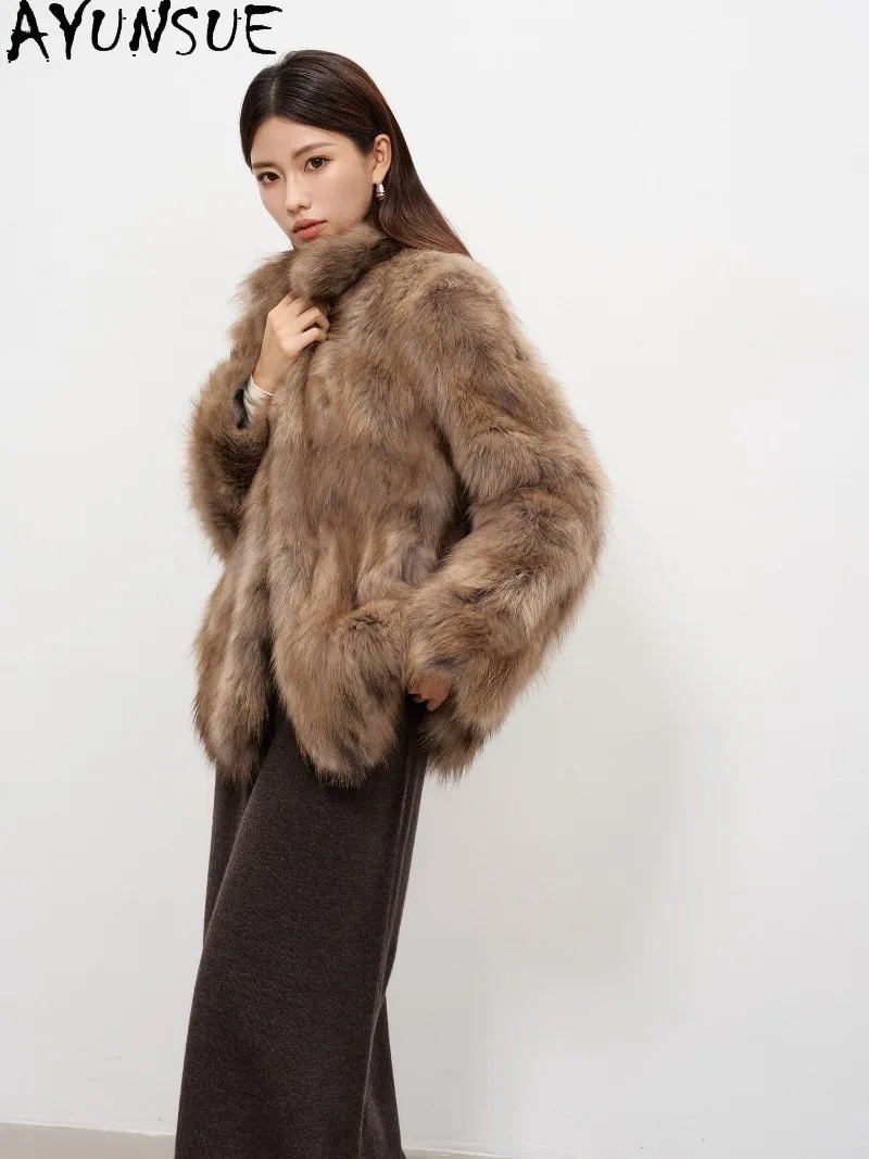 AYUNSUE Genuine Raccoon-Dog Belly Fur Coat Ladies Real Fur Jacket Short Clothes Womens Warm Winter Clothing 2026 Шуба Женская