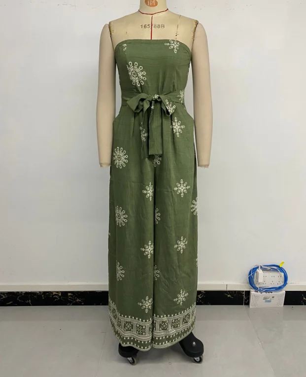 Casual Jumpsuit Women 2025 New Fashion Strapless vintage snowflake print wide leg jumpsuit Rompers Lace Up Casual Daily Jumpsuit - Image 5