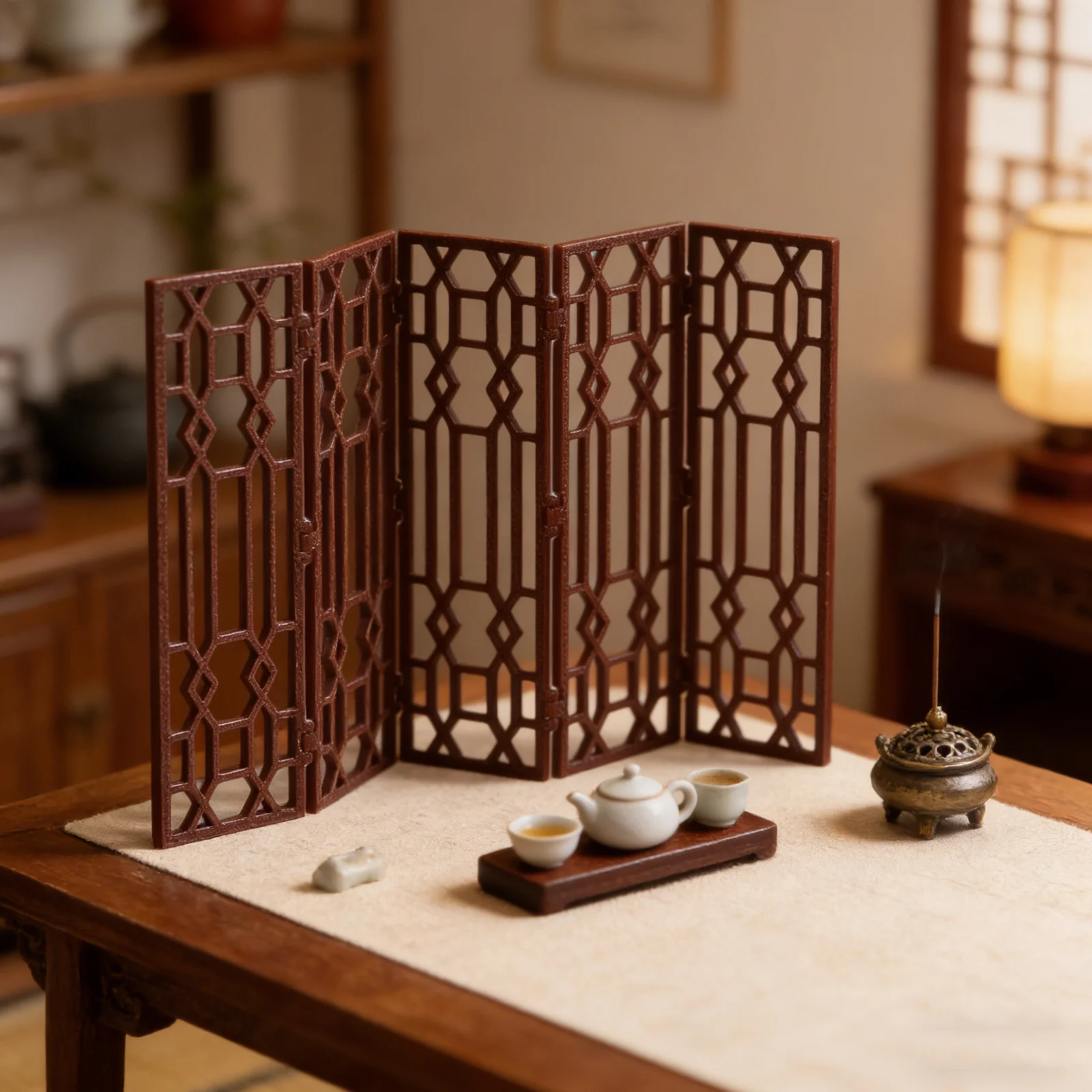 Mini Paravento Cinese Pieghevole 5.15x3.34x0.07, Divisorio da Scrivania Vintage, Pannello Privacy in Miniatura, Schermo Orientale Decorativo Classico