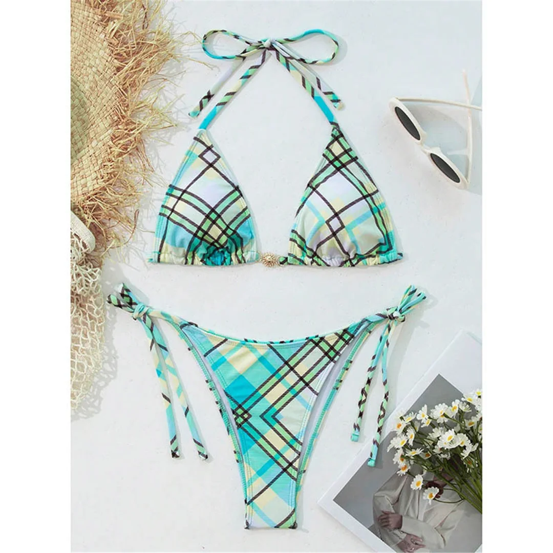 Sexy kariertes Neckholder-Bikini-Badeanzug-Set für Damen, zweiteiliger Badeanzug mit hohem Beinausschnitt und Polsterung, Badebekleidung, Badeanzug, Schwimmanzug V6976 – Detail 7
