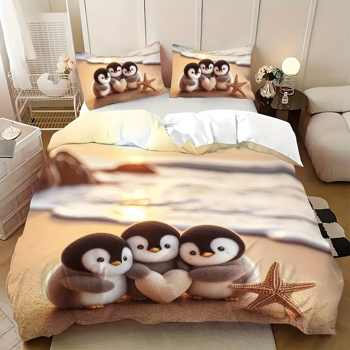 3pcs set (1 quilt cover + 2 pillowcases, coreless), penguin element digital printing soft, Light Beige-friendly  Bedding Set