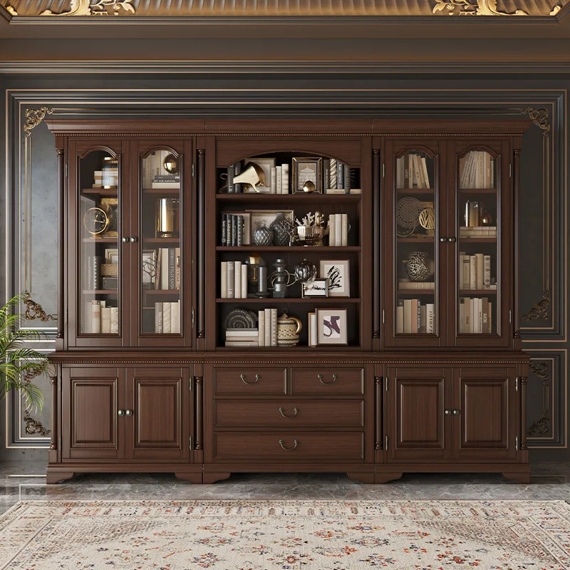 American Solid Wood Bookcase Bookcase Integrated Cabinet Bookcase Retro Study European Style Whole Wall Glass Full Wall Living