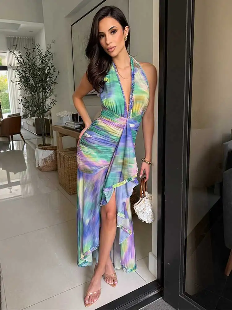 GACVGA Halter Mesh Ruffles Sexy Bodycon Maxi Dress Women Casual Summer Printed Backless Club Party Fold‌ Long Dress