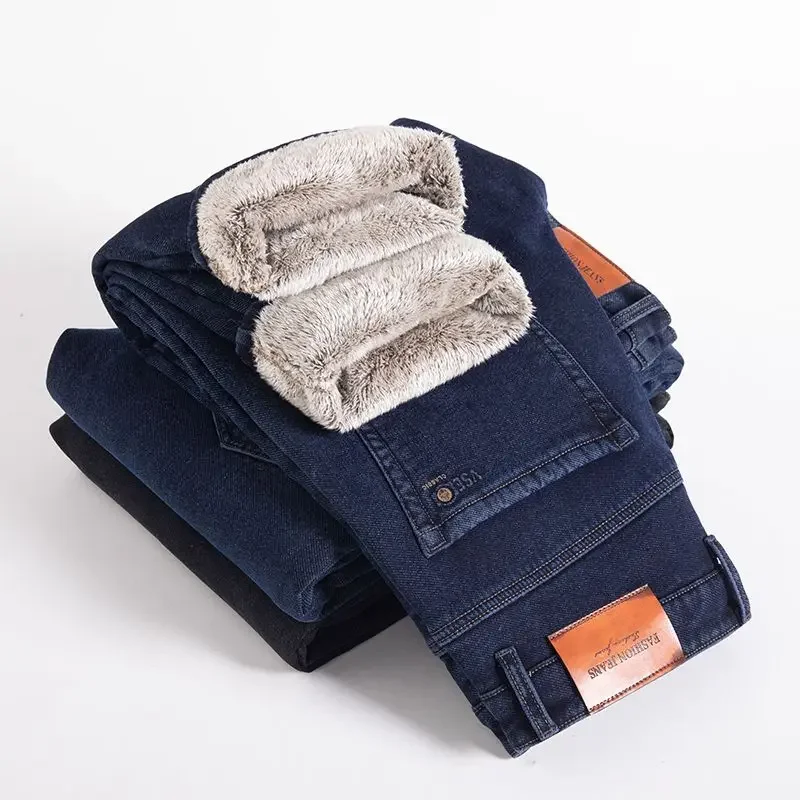 Winter Warm Stretch Slim Fit Pants Comfortable Soft Trousers for Daily Work Wear Clothing 2026 Men's Fleece Lined Thicken Jeans