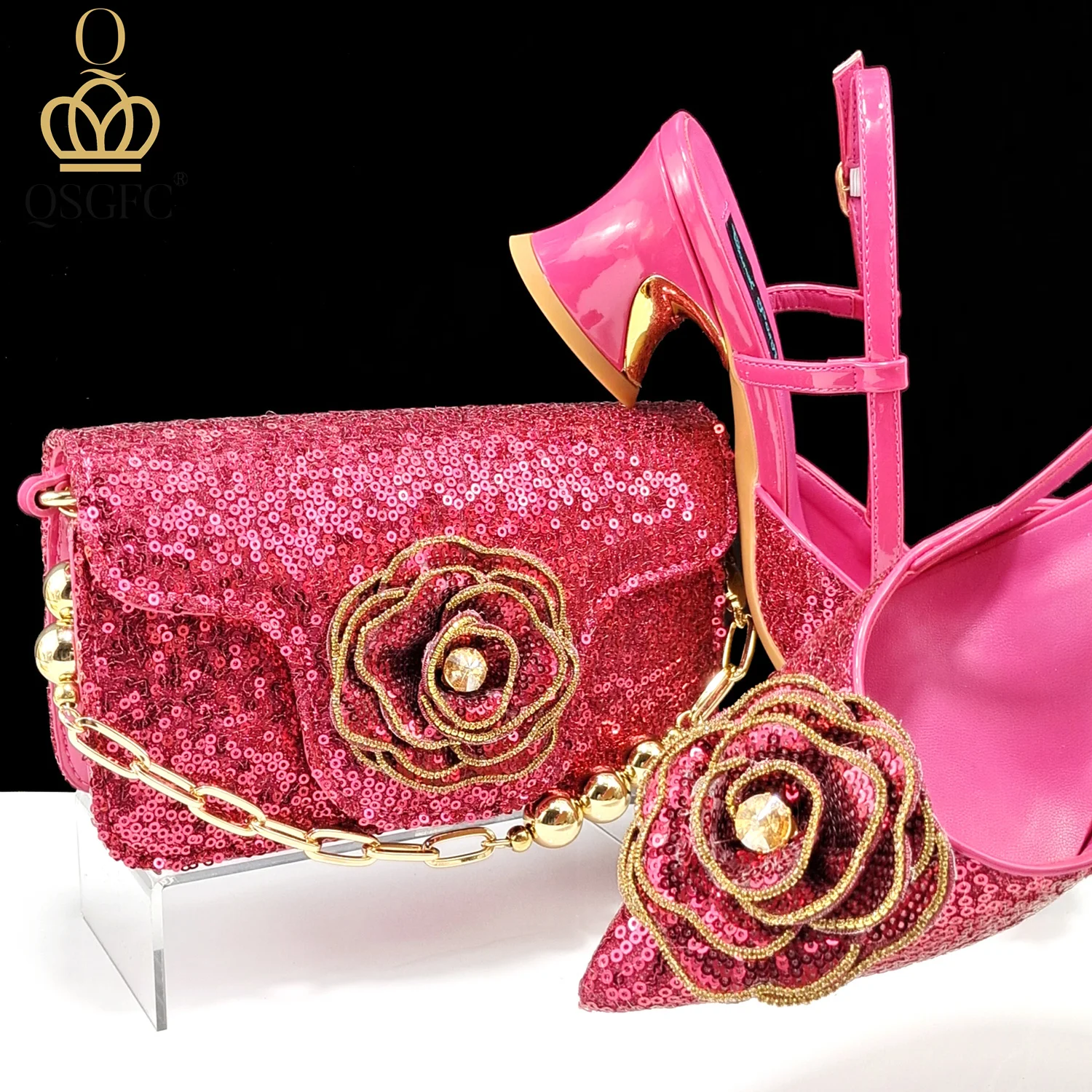 

Hot Selling Fuchsia Color Flower Design Party Wedding Pointed Toe Lady Shoes and Bag Set Decorated With Rhinestone