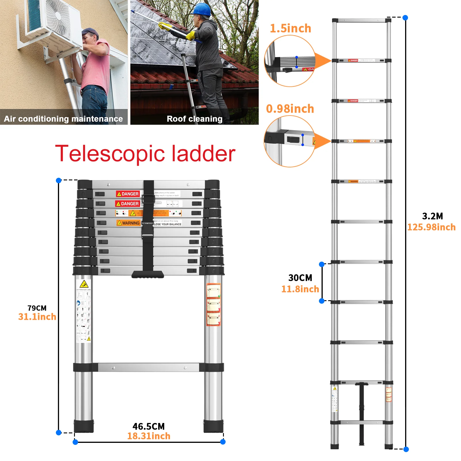 2.6m–3.2m steel telescopic ladder, folding telescopic ladder, height-adjustable, suitable for aerial and outdoor workers