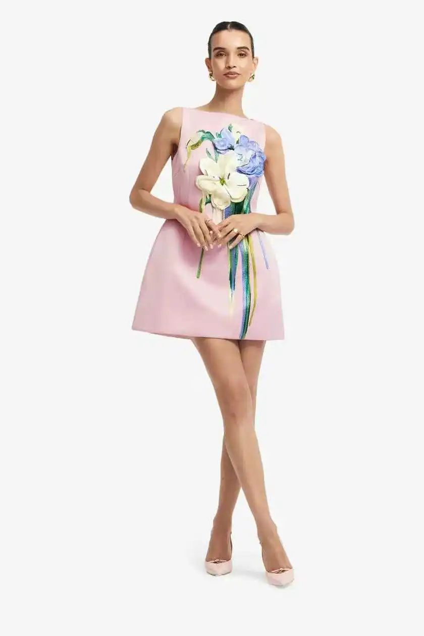 Luxury 3D Floral Embroidery Mini Dress Boat Neck Sleeveless A-Line Short Dress Cocktail Vacation Outfit
