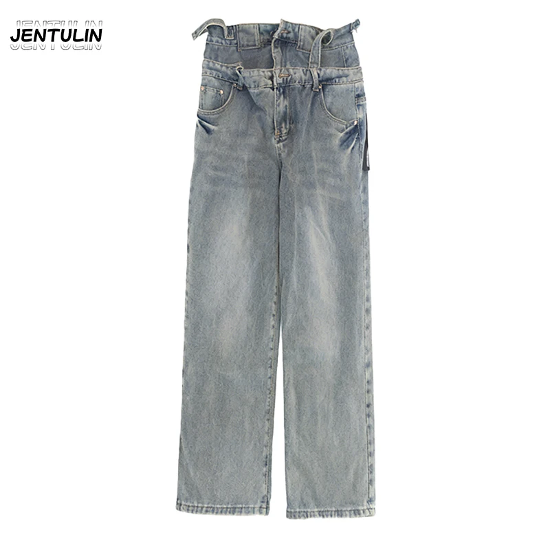 Aesthetic Double Blue baggy Jean Waist Design Women Jeans Y2k Retro High Street Lazy Style Floor Wide Leg Pants For Men Clothing