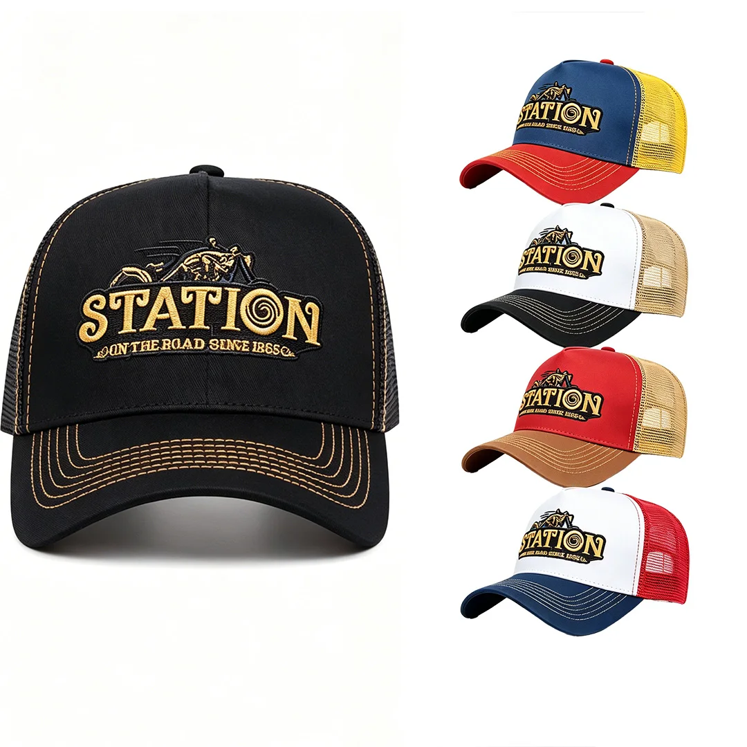 Czapka typu trucker z siatką, haftem literowym, w stylu motocyklowym, unisex, głęboka korona, regulowana, oddychająca, na zewnątrz, czapka baseballowa przeciwsłoneczna