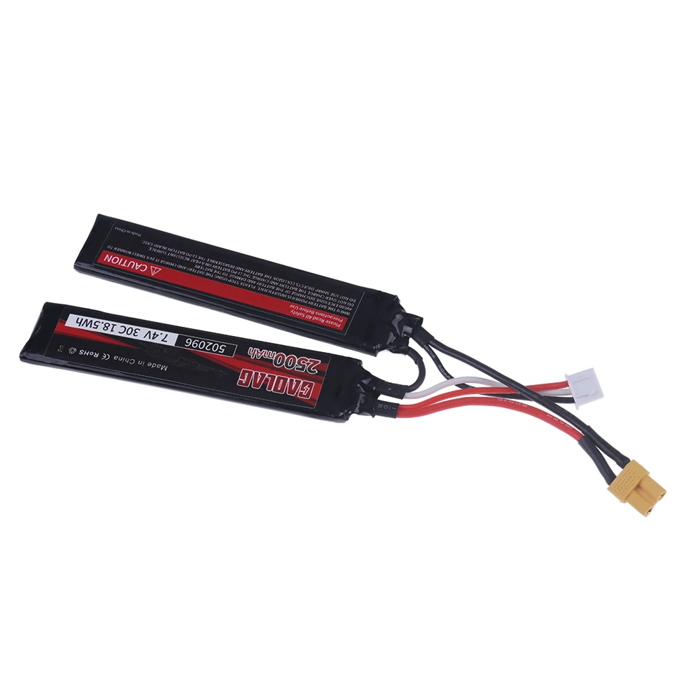 Lipo 7.4v 2500mAh 30C Batteria per pistola ad acqua con connessione divisa/Caricatore 7.4V per Mini Airsoft BB Pistola ad aria compressa Giocattoli elettrici Pistole Parti