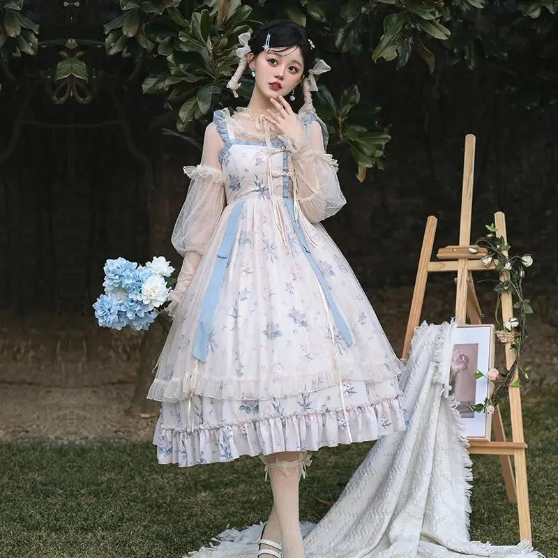 

Japan Sweet Alice Kimono Maid Print Set Lo Dress Cos Girls Tea Party Halloween Ball Luxury Dress With Puji 2024 New