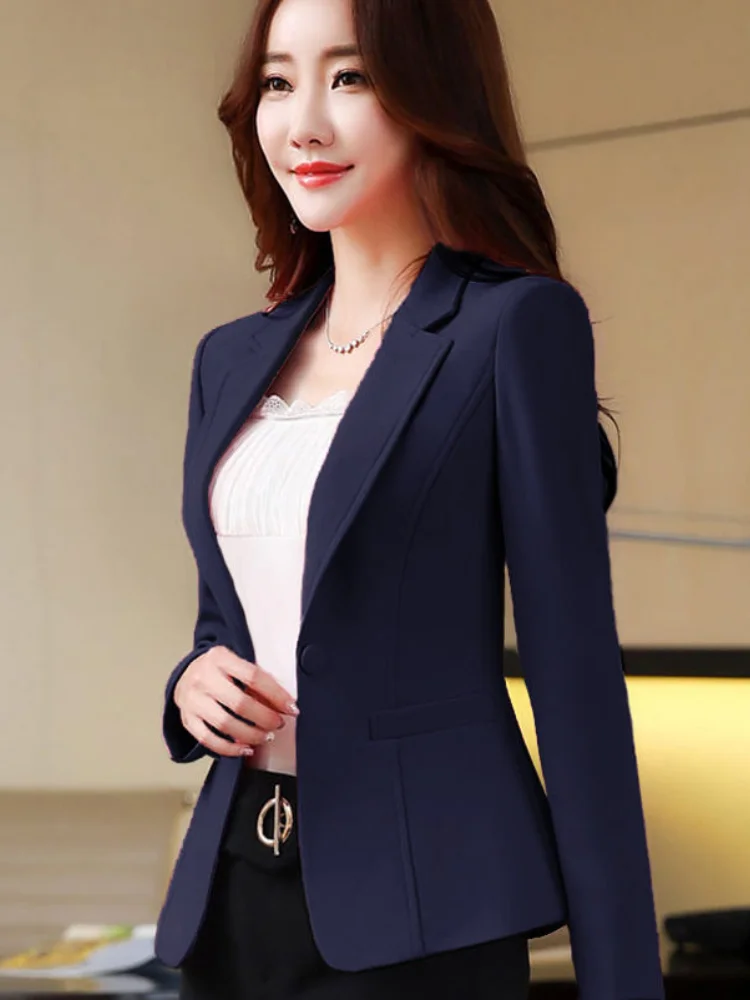 Slim Fit Black Women Blazer with Pockets for Formal Occasions 2024 Spring Autumn OL Lady Office Work Suit Coat White Beige Navy