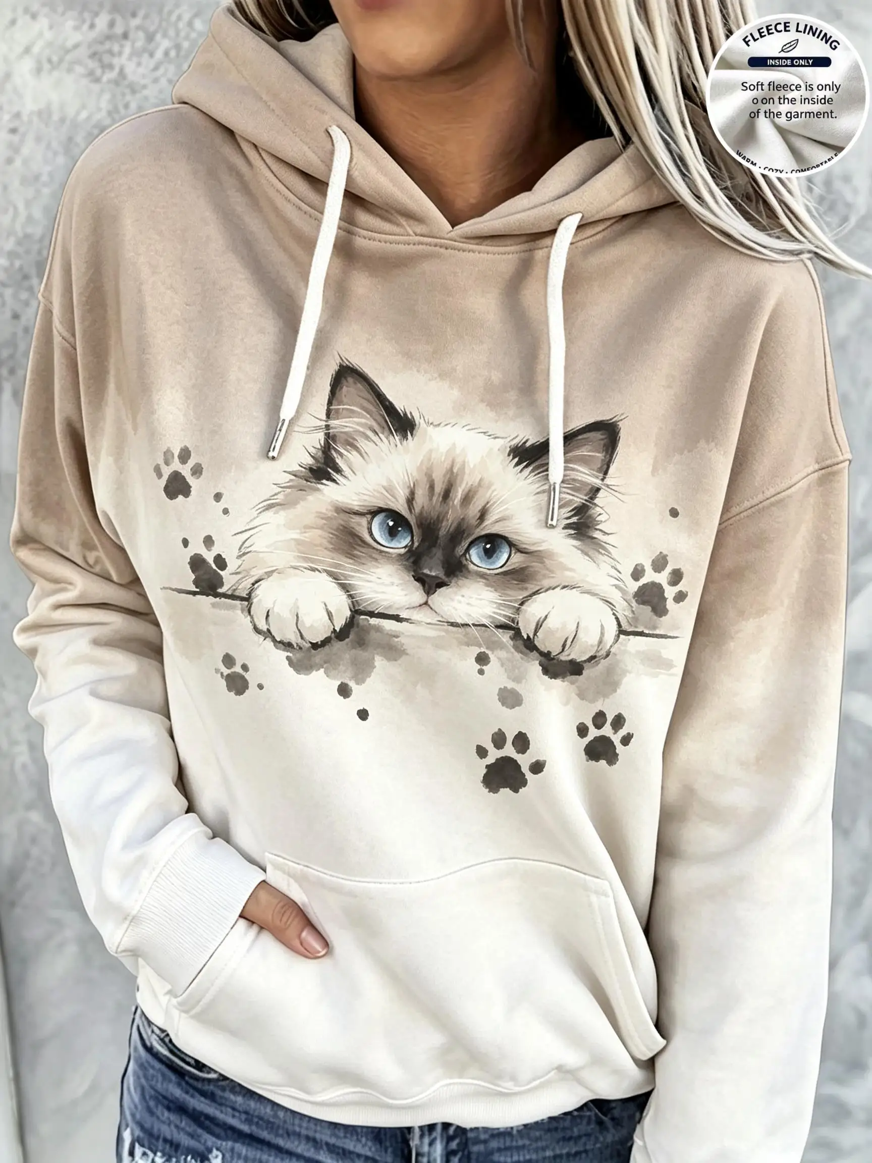 Women Fleece Hoodie Gradient Puppy Paw Print Long Sleeve Hooded Sweatshirt Cute Dog Loose Pullover
