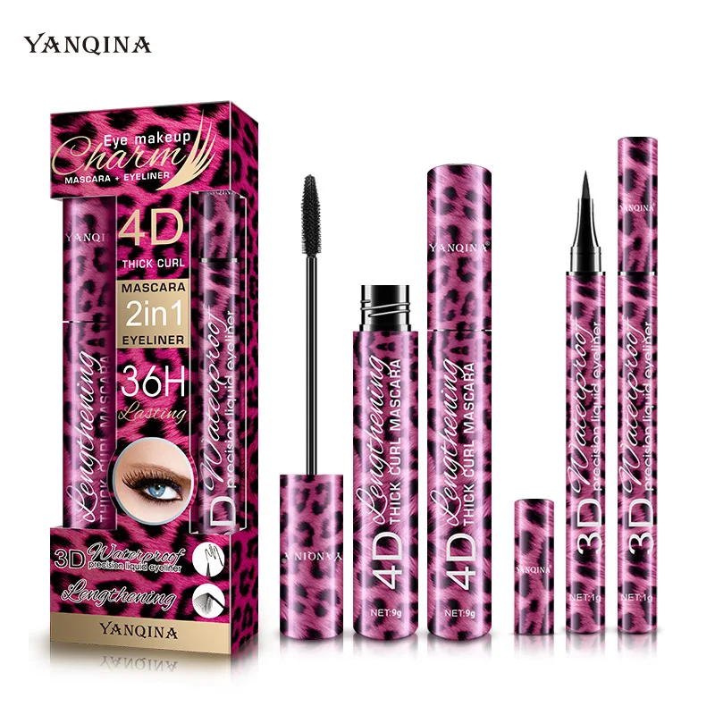 2 in 1 Red Leopard Mascara Set Volumizing Curling Quick Dry Waterproof with Eyeliner Pencil for Eye Beauty