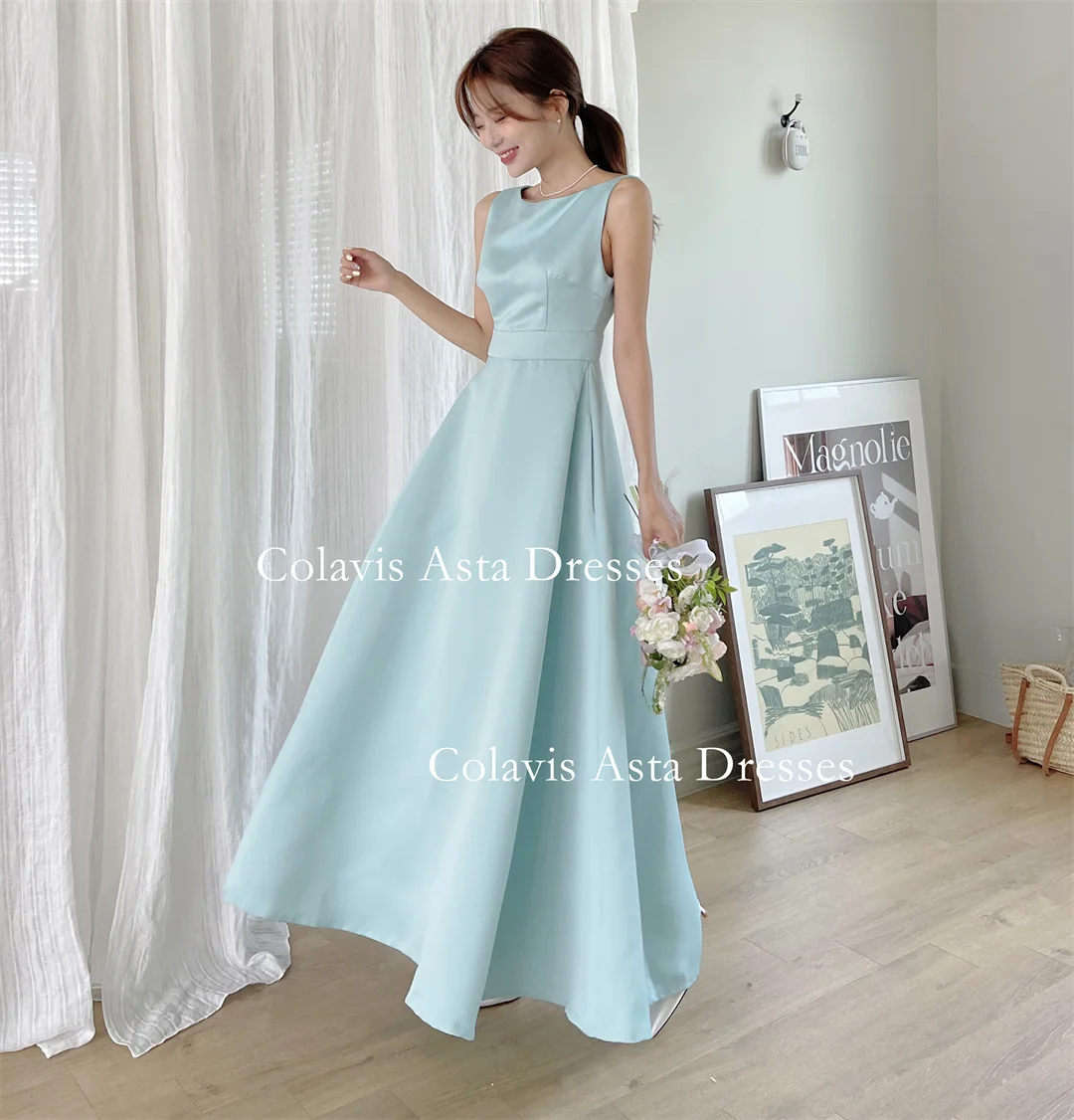 Colavis Asta Korea Boat Neck Evening Dresses 웨딩드레스  Satin Sleeveless Ankle Length Customized A-Line Prom Gowns Plus Size