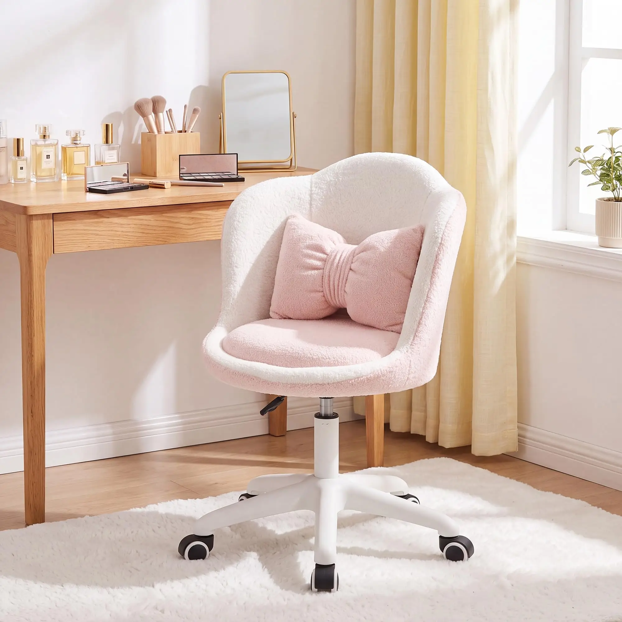 Cute Petal Vanity Chair With Wheels & Lumbar Pillow, Height Adjustable Velvet Armless Swivel Desk Chair For Bedroom Home Office Makeup