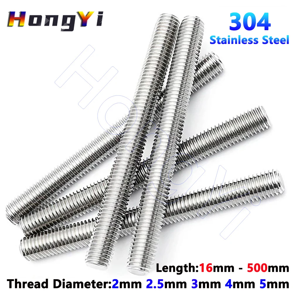 M2 M2.5 M3 M4 M5 304 Stainless Steel Full Threaded Rod Fully Metric Thread Rods Shaft Bar Screws Headless Bolt Stud L=16mm-500mm