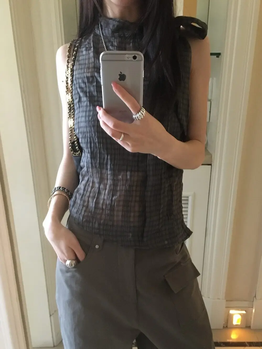 

Lilian Vintage Checkered Sleeveless Belted See-through Chiffon Flowing Spicy Girl Small Shirt Comfortable Breathable Summer Top