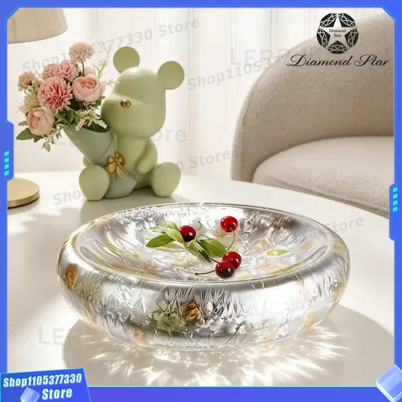 Modern Light Luxury Ice Flower Glass Fruit Plate Lace Design Decorative Bowl for Living Room Model Home Display Wholesale