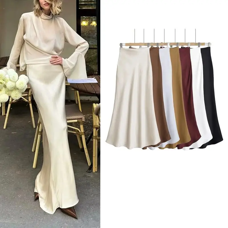 Spring New Women's Faionable All-Match Silk Satin Ultra-Long Fairy-Like High Waist Midi f Skirt Polyester Fiber 00%