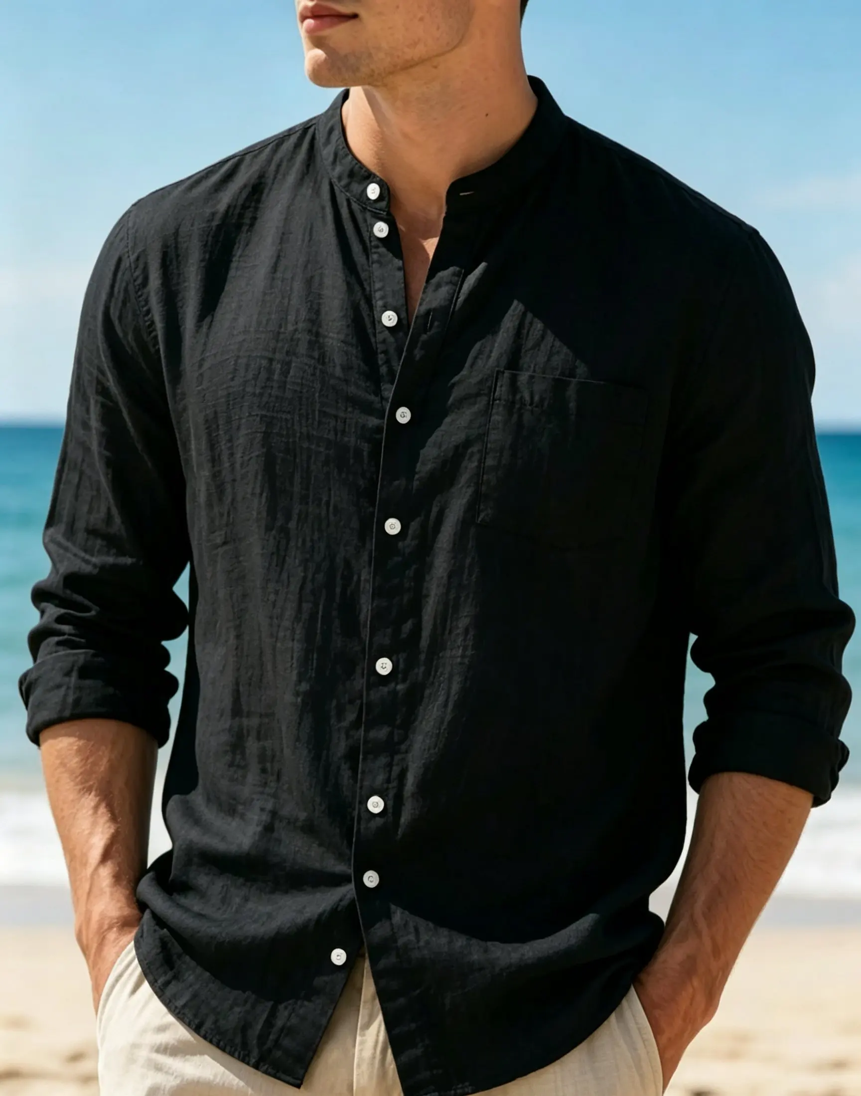 Minimalist Men's White Linen Button-Down Shirt, Stand Collar, Modern Office & Weekend Essential