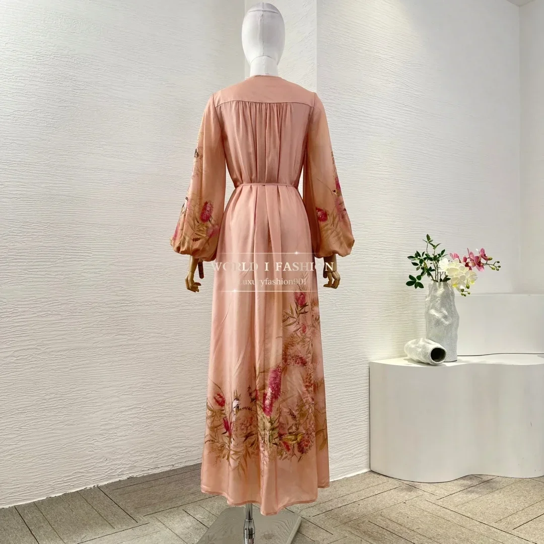 

2025 Summer Dresses Woman Clothing Pink Long Sleeve Lantern Sleeve Floral Print Midi Dress
