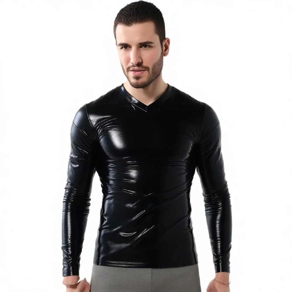 

Мужская блузка из ПВХ-кожи с длинным рукавом и V-образным вырезом, блестящая, размер 7XL, большие размеры, мягкая куртка из лакированной кожи, облегающая спортивная куртка