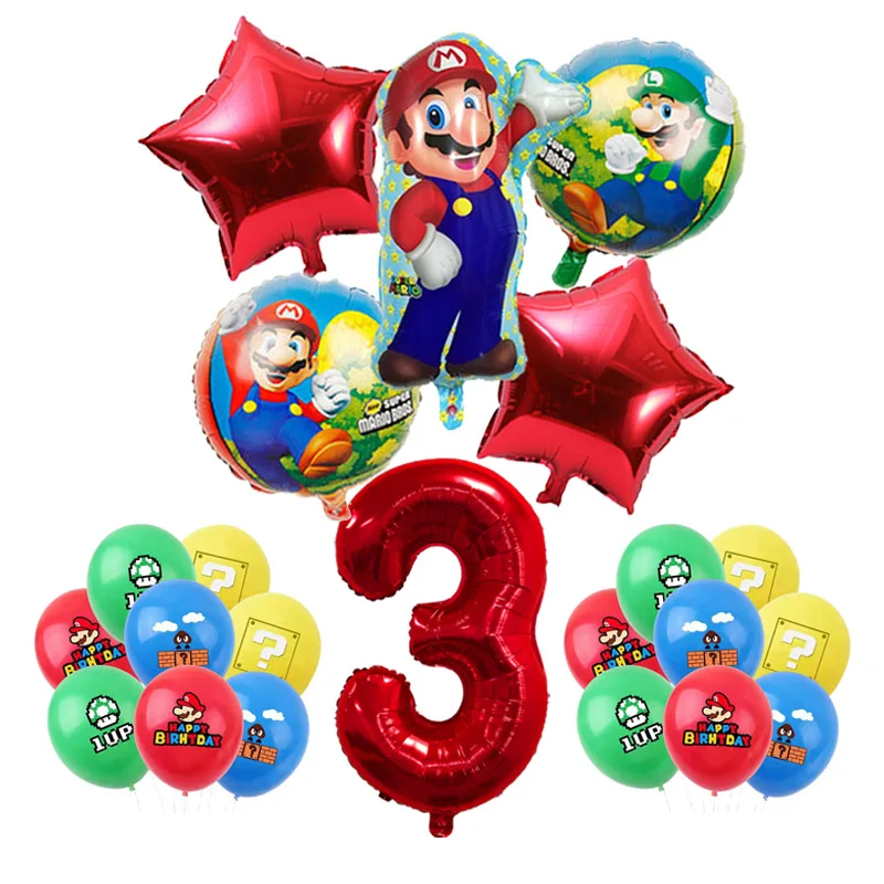 Decoración de fiesta de cumpleaños de Mario para niños, globos de papel de aluminio, vajilla desechable, telón de fondo, suministros para eventos de