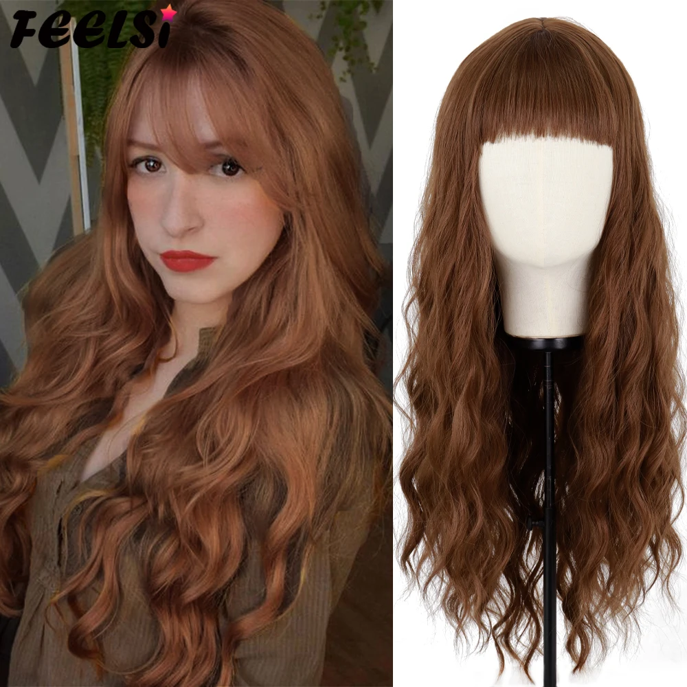 

Long Wavy Wig Brown Black Blonde Have Bangs Daily Wear Wave Synthetic Wigs Fiber Natural Heat Resistance For Women