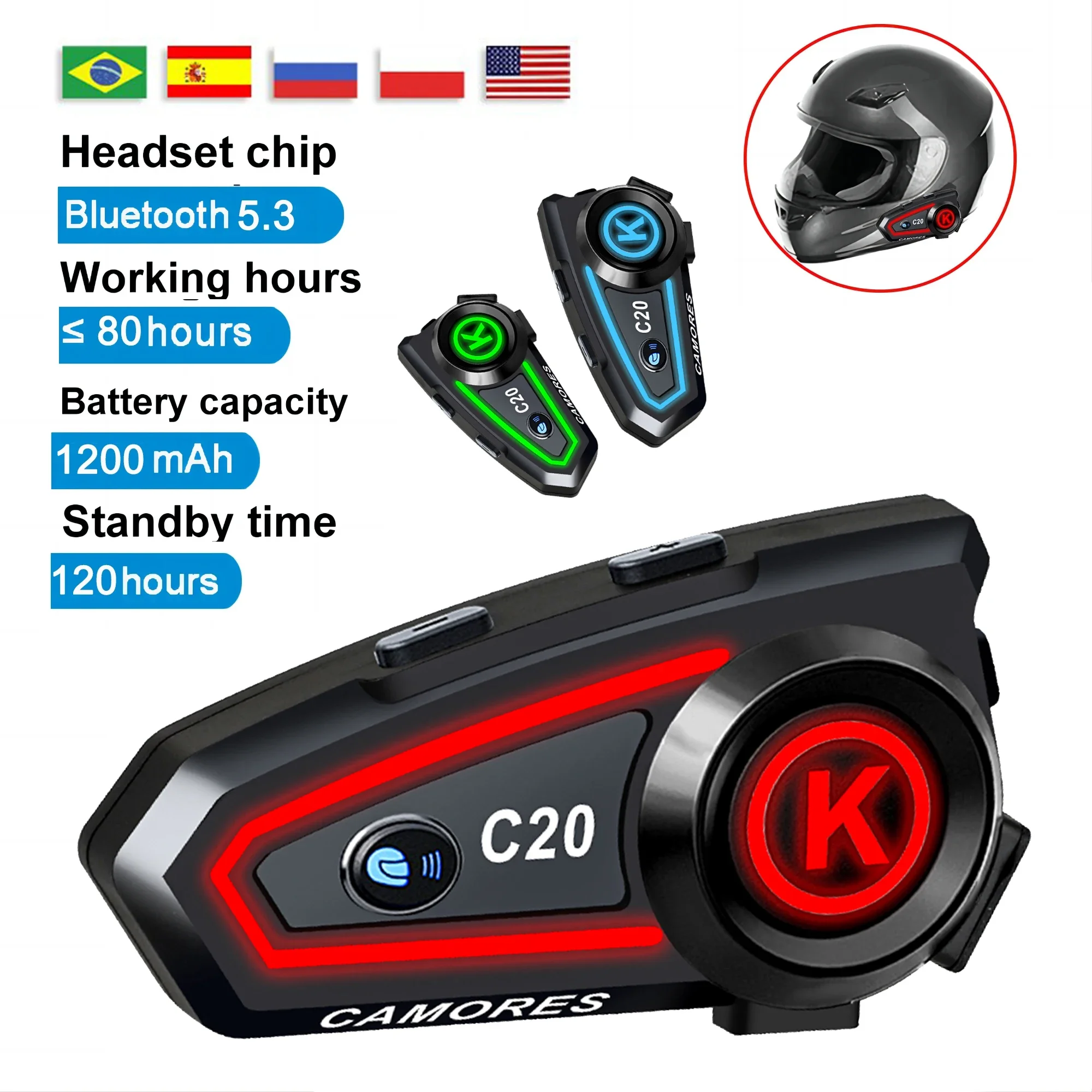 Motorcycle Helmet Headset Bluetooth Hands-free Call Kit Noise Reduction Waterproof Wireless Earphone 1000mAh With Ambient Light