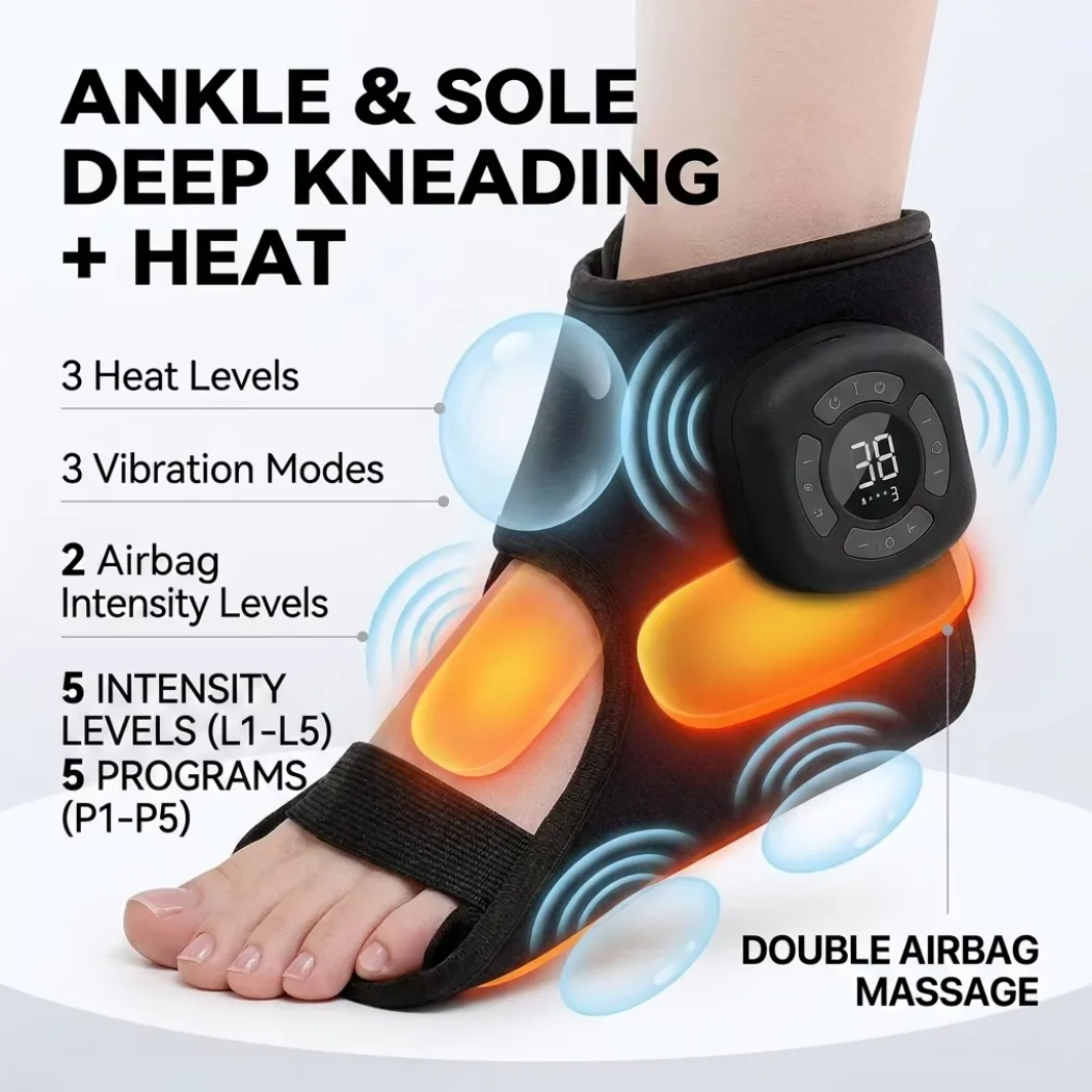 Masajeador de tobillo y pie con compresión de aire, 3 modos, 5 niveles, envolvente, inalámbrico, 1200 mAh, vibración, calentamiento, soporte, recargable, compresión para articulaciones.