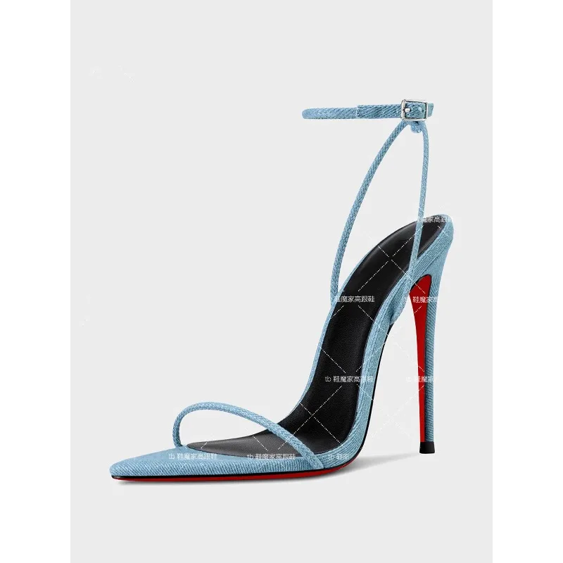 

New Summer 12cm Pointed Denim Strap High Heels for Women, Sexy One Line Buckle Fashion Versatile Sandals for Women