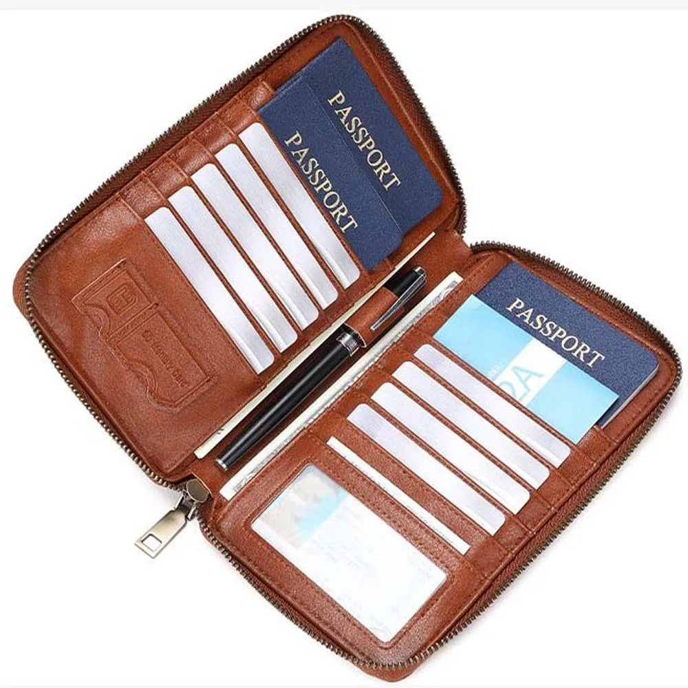 Anti-theft RFID Travel Wallet Faux-leather Multi-pocket Airplane Passport Case Secured Vintage Travel Ticket Clutch Families