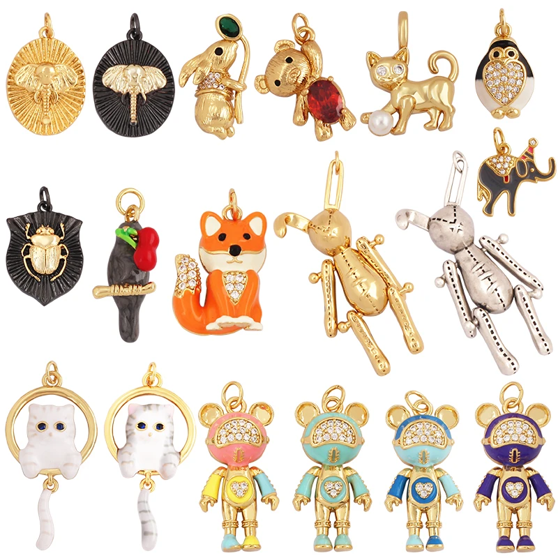 Fine Bird Cat Rabbit Owl Fox Animal Charm Wisiorek, unikalny niedźwiedź słoń 18-karatowy złoty naszyjnik z cyrkonią Bransoletka na biżuterię L43