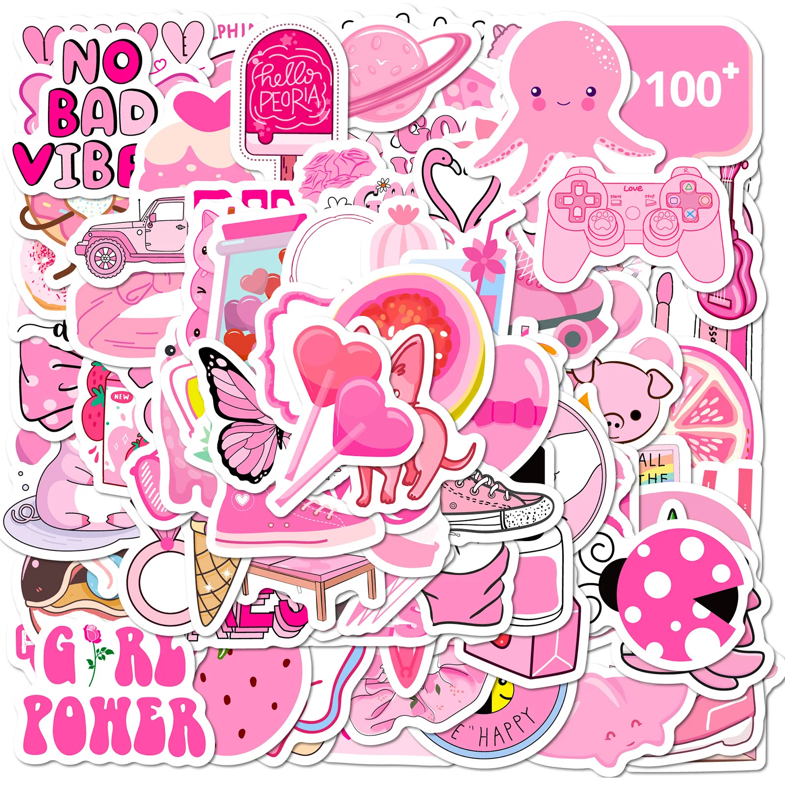 100PCS Pink Girls Cute Cartoon Graffiti Stickers DIY Phone Guitar Laptop Notebook Suitcase Cup Waterproof Sticker Kids Toy