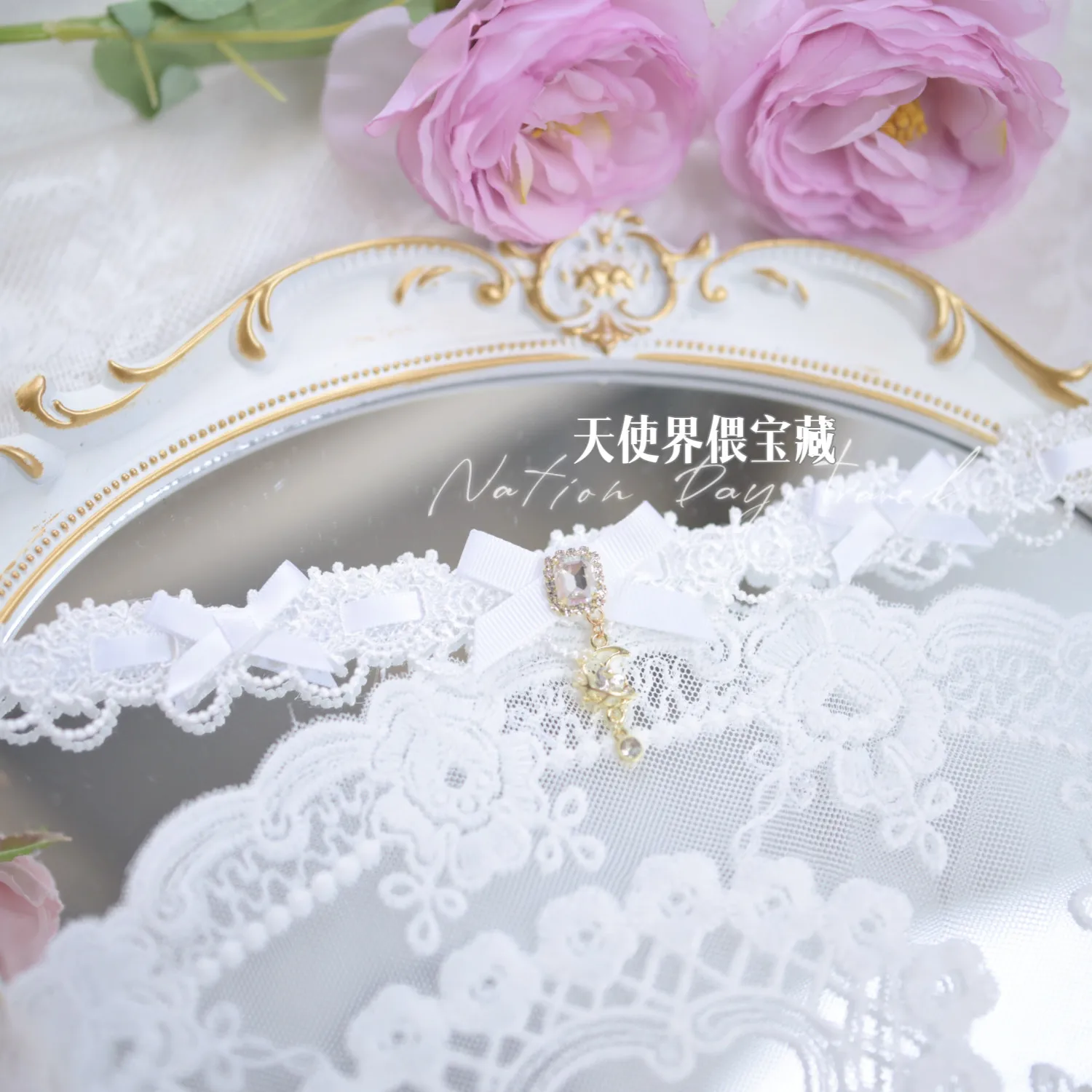 Lolita Style Lace Choker Necklace, Stars Moon Pendant with Rhinestone, Sweet Kawaii Choker Gift for Women Girls view 2