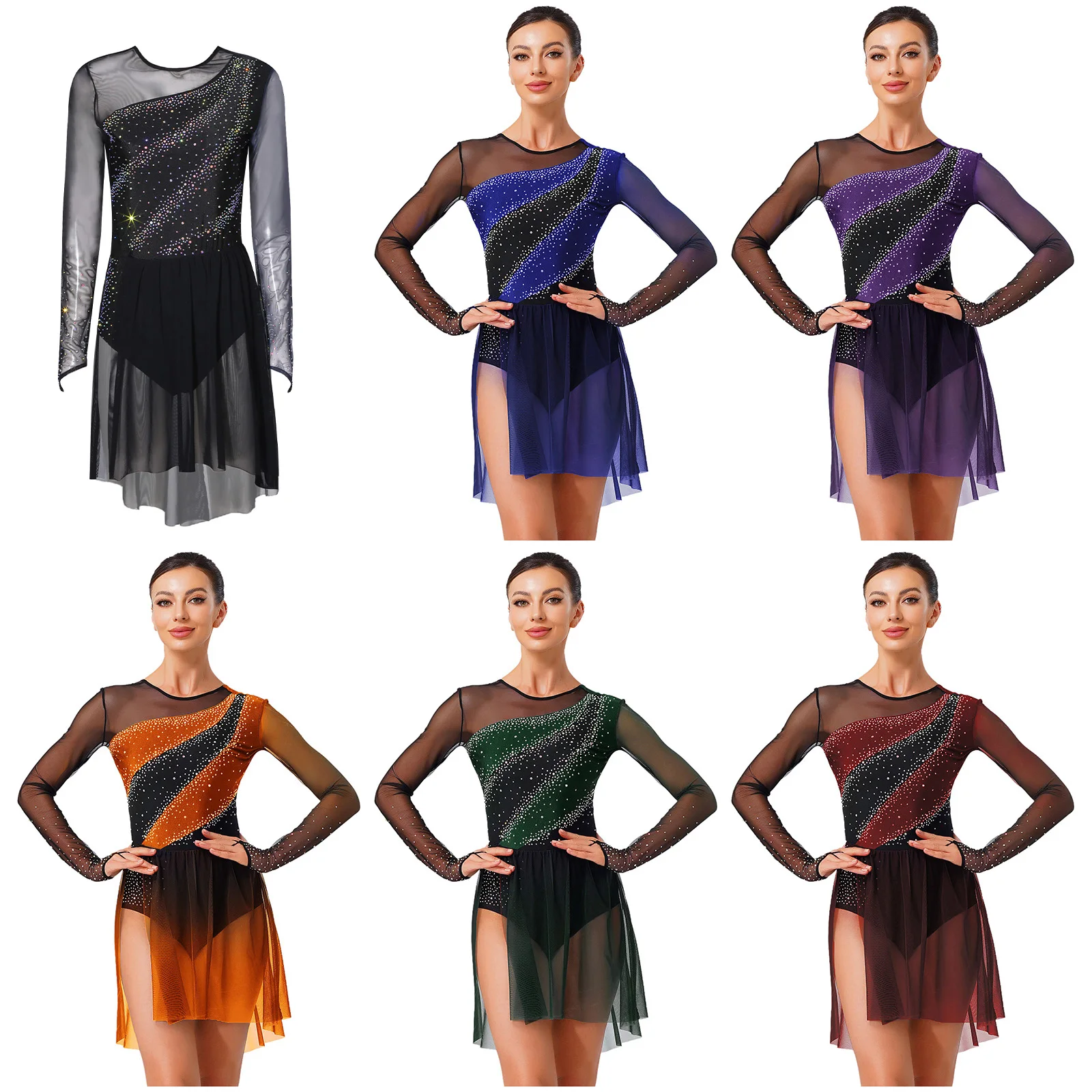 Strass brillants Ballet Lyrique robe de danse moderne femmes dégradé maille jupe justaucorps robe patinage artistique gymnastique Costume