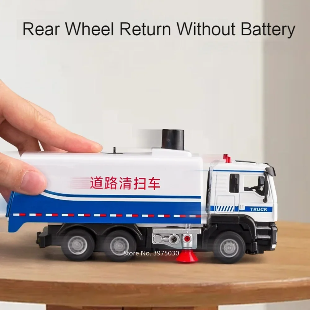 1/50 Alloy Diecast Road Sweeper Model Car Toy with Light Music Sanitation Sweeping Truck Wheel Pull Back Vehicle Kids Xmas Gifts