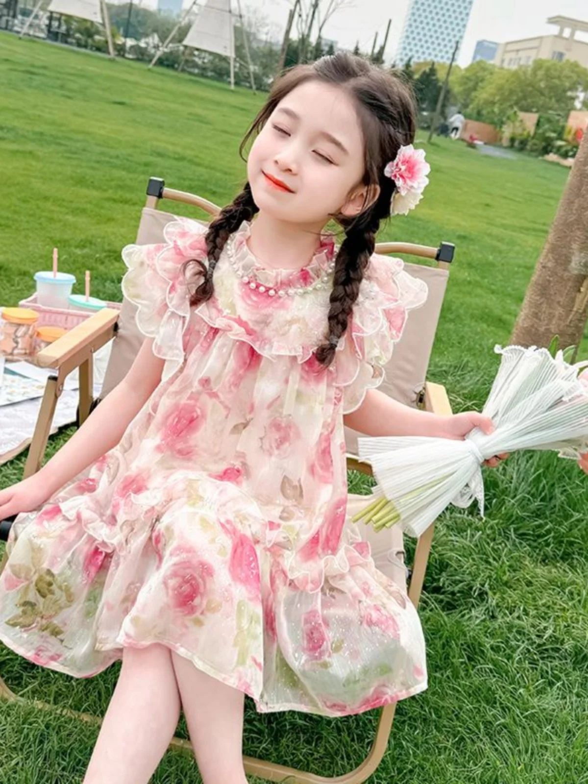 

Girls Summer Thin Chiffon Floral Dr Beach Princ Skirt for 2-5 Years Old Kids Cute Baby Outfit Soft Polyester Fabric