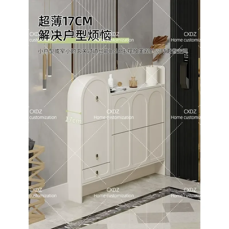 Cream Ultra Thin 17cm Narrow Shoe Cabinet with Stool Integrated Tipping Bucket Entryway Storage for Household Door 2026 New