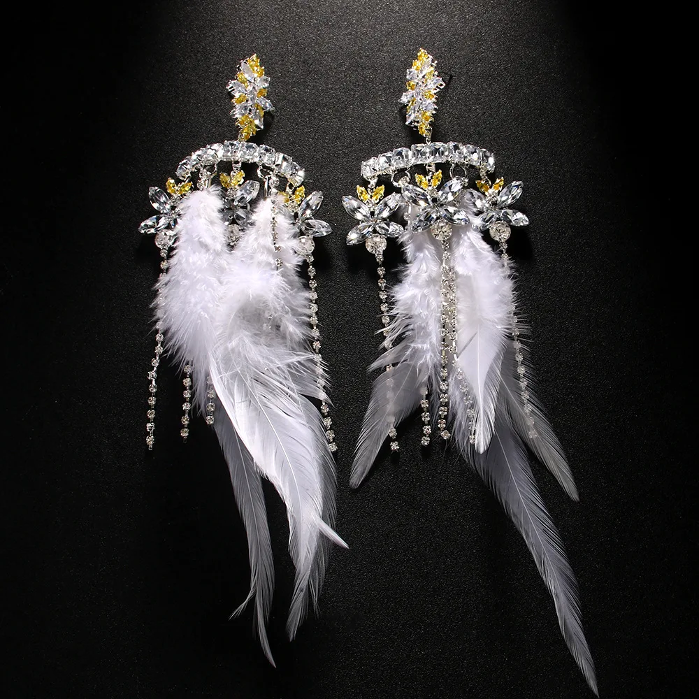 Fashion White Feather Exaggerate Earrings Tassel Wedding for Women Boho Jewelry Sparkly Large Rhinestone Earrings Free Shipping