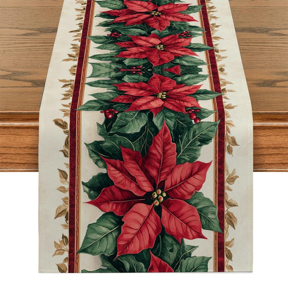 

Рождественские дорожки для стола с лентой Poinsettia Holly, декор для комода для кухни, праздничная вечеринка, дорожка для стола, моющаяся обеденная длинная ткань