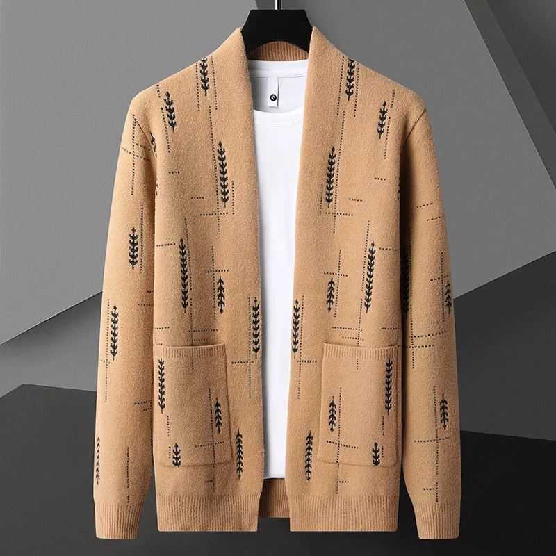 Fashion Color Contrast Cardigan Sweater Men Vintage Printing Cardigan Men Korean Autumn Winter Cardigan Coat Knit Khaki