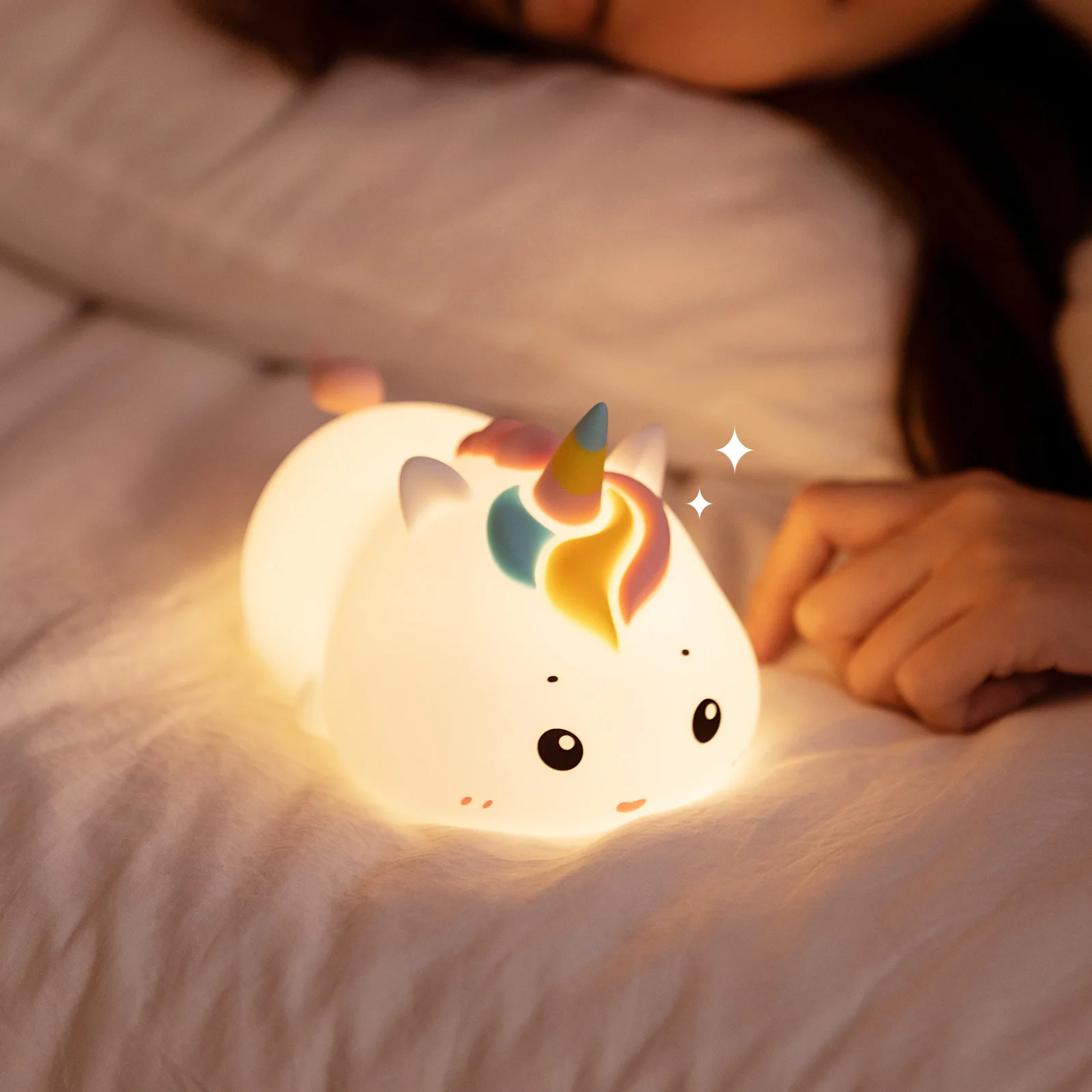 Lampu malam LED silikon lucu dapat diisi ulang, lampu malam sentuh dekorasi kamar tidur hewan kartun Unicorn dengan Remote Control USB