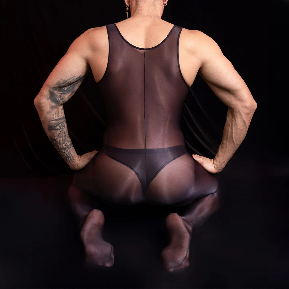 

Mens Sexy Oil Glossy Shiny Sleeveless Transparent Jumpsuit Body Stocking Bodysuit Night Club Underwear Slim Fit Male Bodysuits