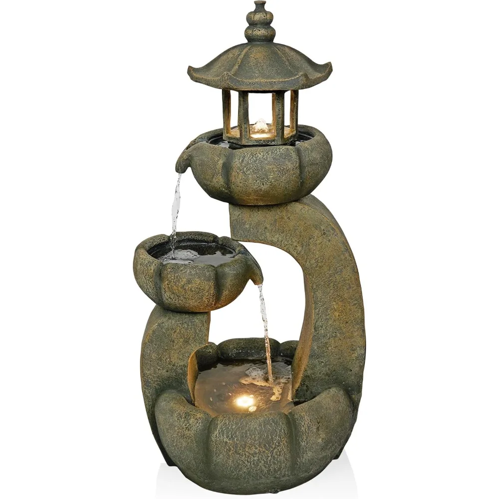 

win1418 41" outdoor cascading rainforest rock waterfall fountain with led lights – natural stone-look water feature for gardens