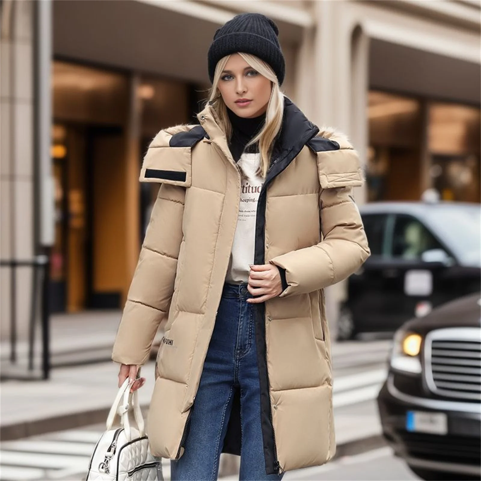 Women\'s Winter Puffer Jacket Stylish And New Thickened Hooded Armband Midi Padded Jacket Solid Color Thermal Coat