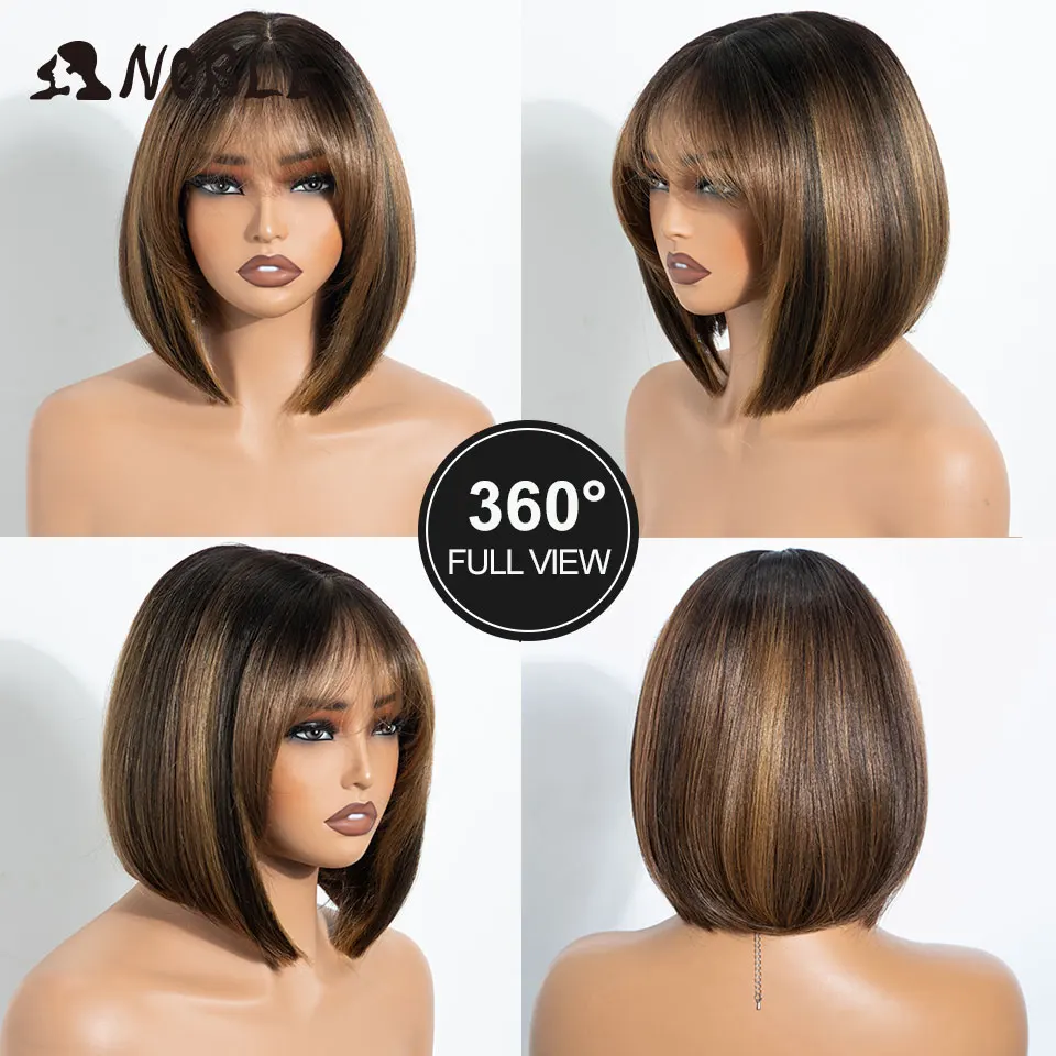 NOBLE 10 Zoll lange, gerade, synthetische Perücke mit Lace-Front und Pony, kurze Bob-Perücke für Damen, Ombré-Braun, hitzebeständig, für den täglichen Gebrauch. – Detail 6
